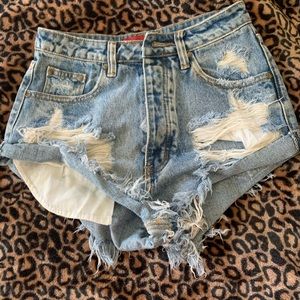 High waisted distressed jean shorts